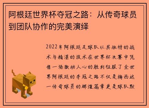 阿根廷世界杯夺冠之路：从传奇球员到团队协作的完美演绎